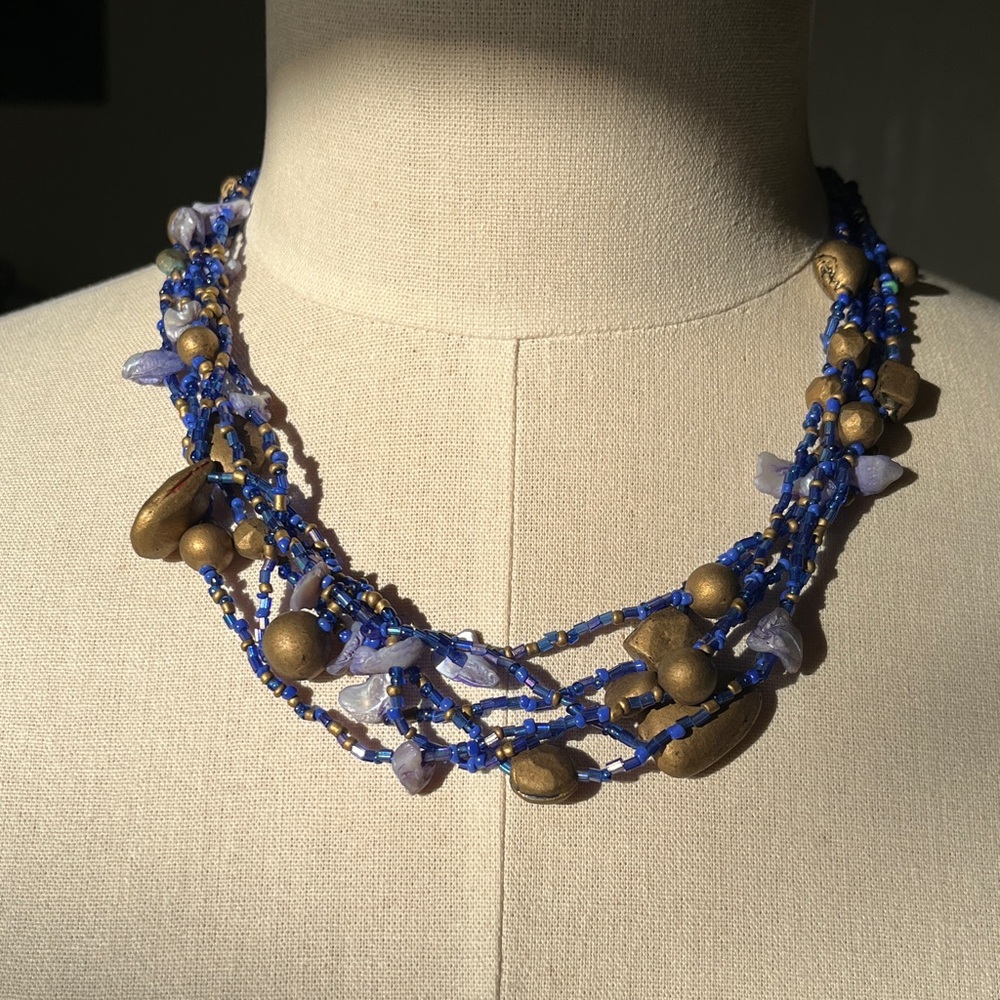 Blue Beaded Multi-Strand Necklace with Gold Accents